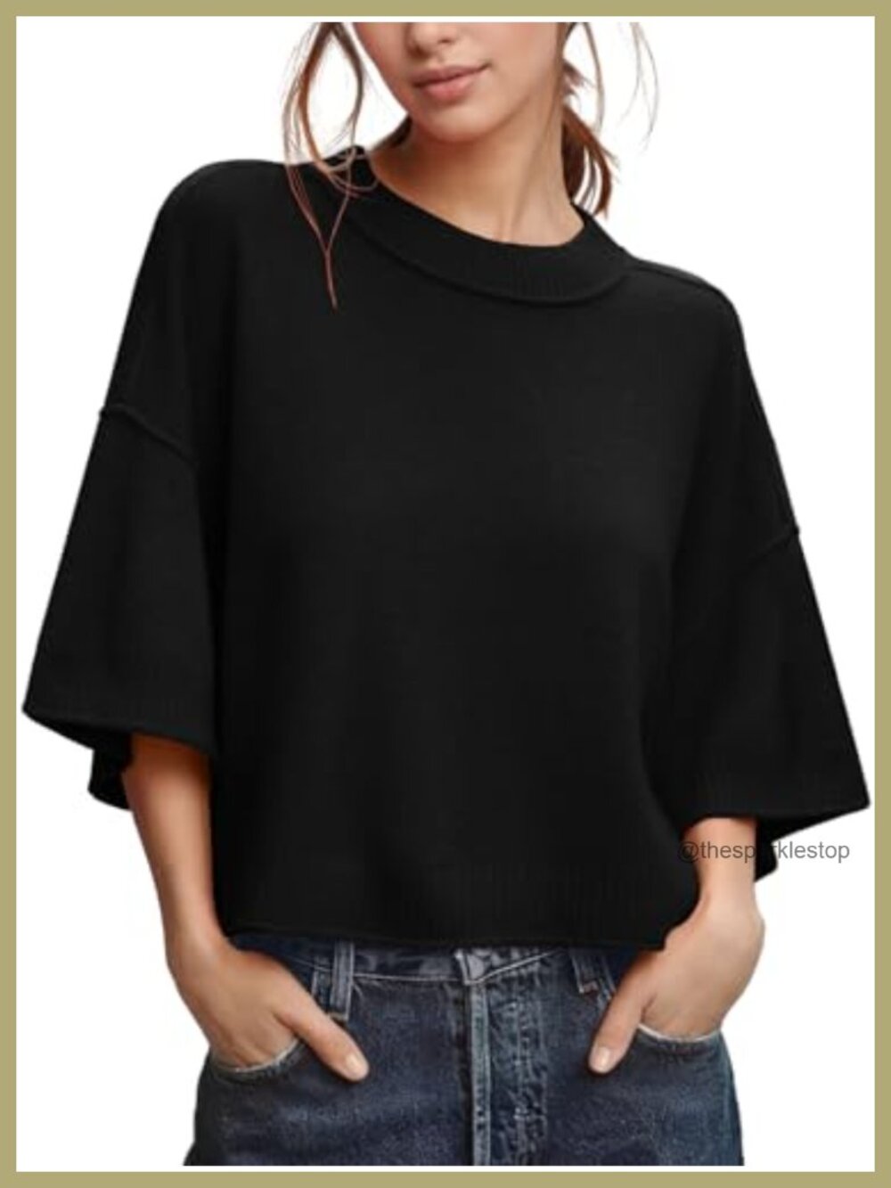 Women's Oversized Cropped Knit Sweater Short Sleeve Pullover Top